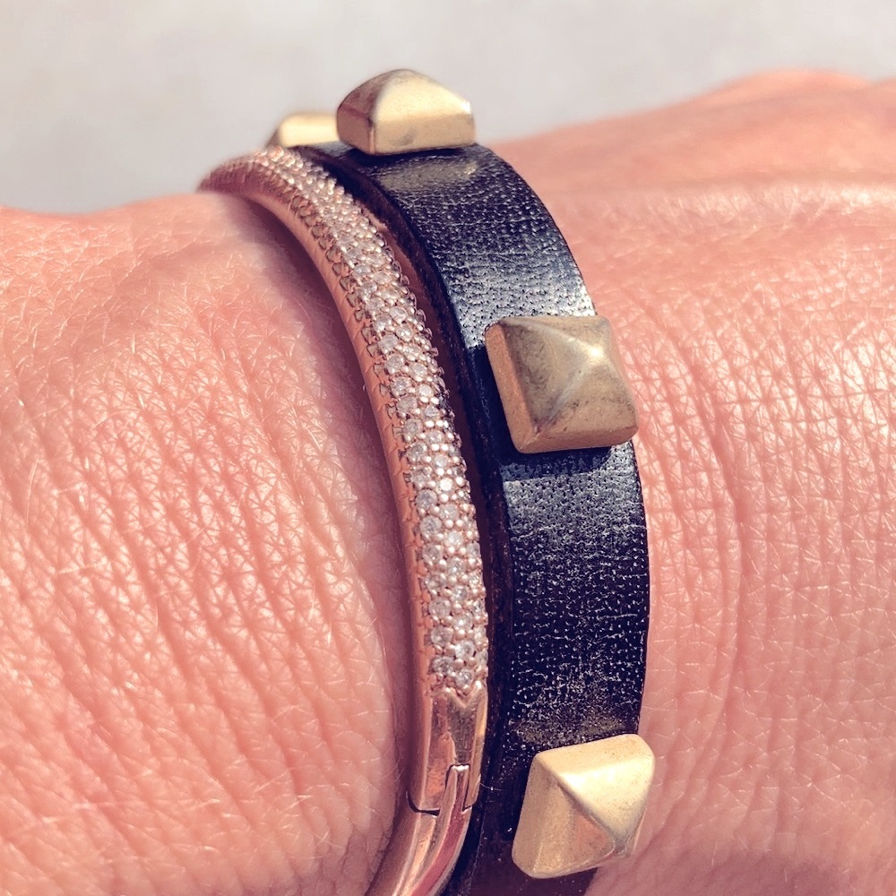 Original Vita Fede Black Leather Gold Rhombus Pyramid Spike Studded Bracelet
